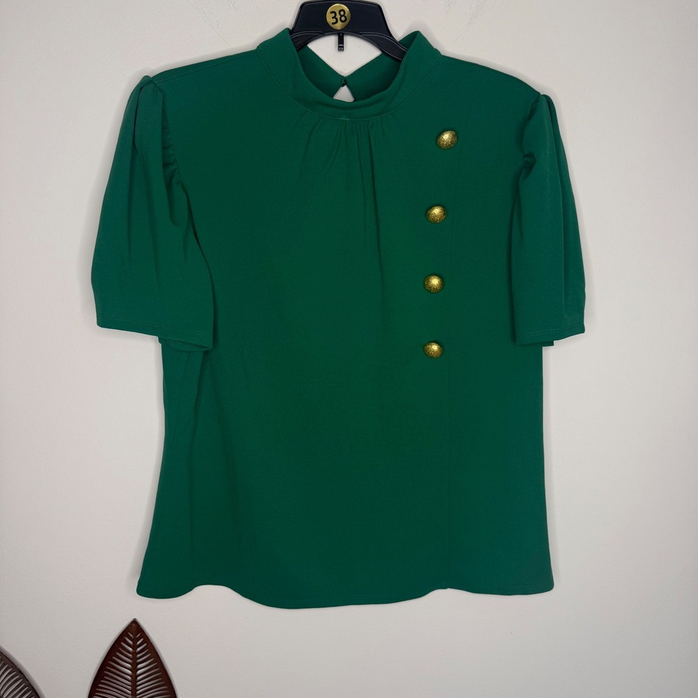 New York & Company Green Mock Neck Puff Sleeve Blouse Gold Buttons Large NWT